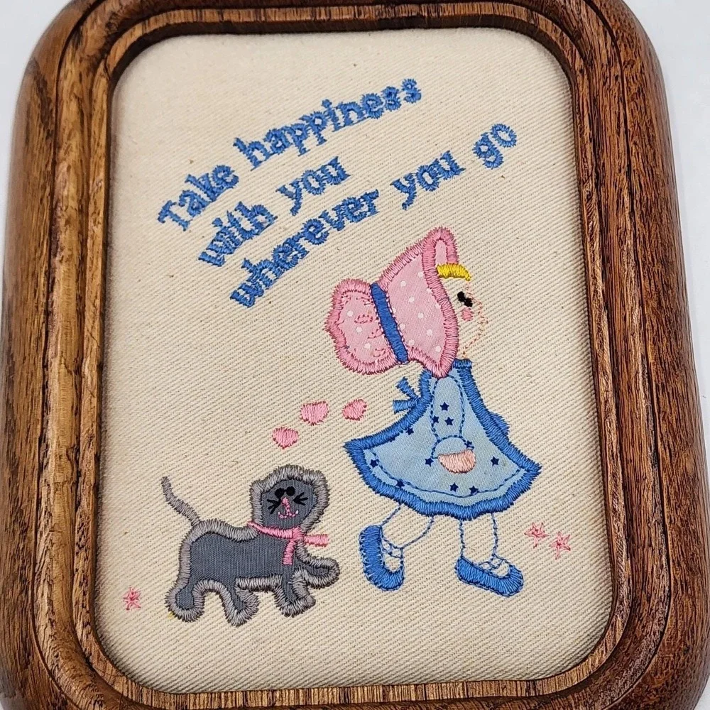 Vintage Russ Take Happiness with You Wherever You Go Framed Embroidered Plaque